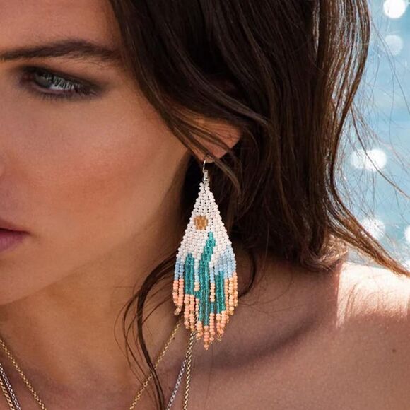 Desert Cactus Boho Seed Bead Tassel Dangling Statement French Wire Hook Earrings - Picture 4 of 6